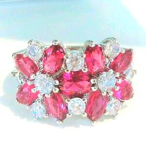 Cocktail Ring Sz 8 Silver  925 & Flower Blossom Ring Simulated Diamonds Holiday